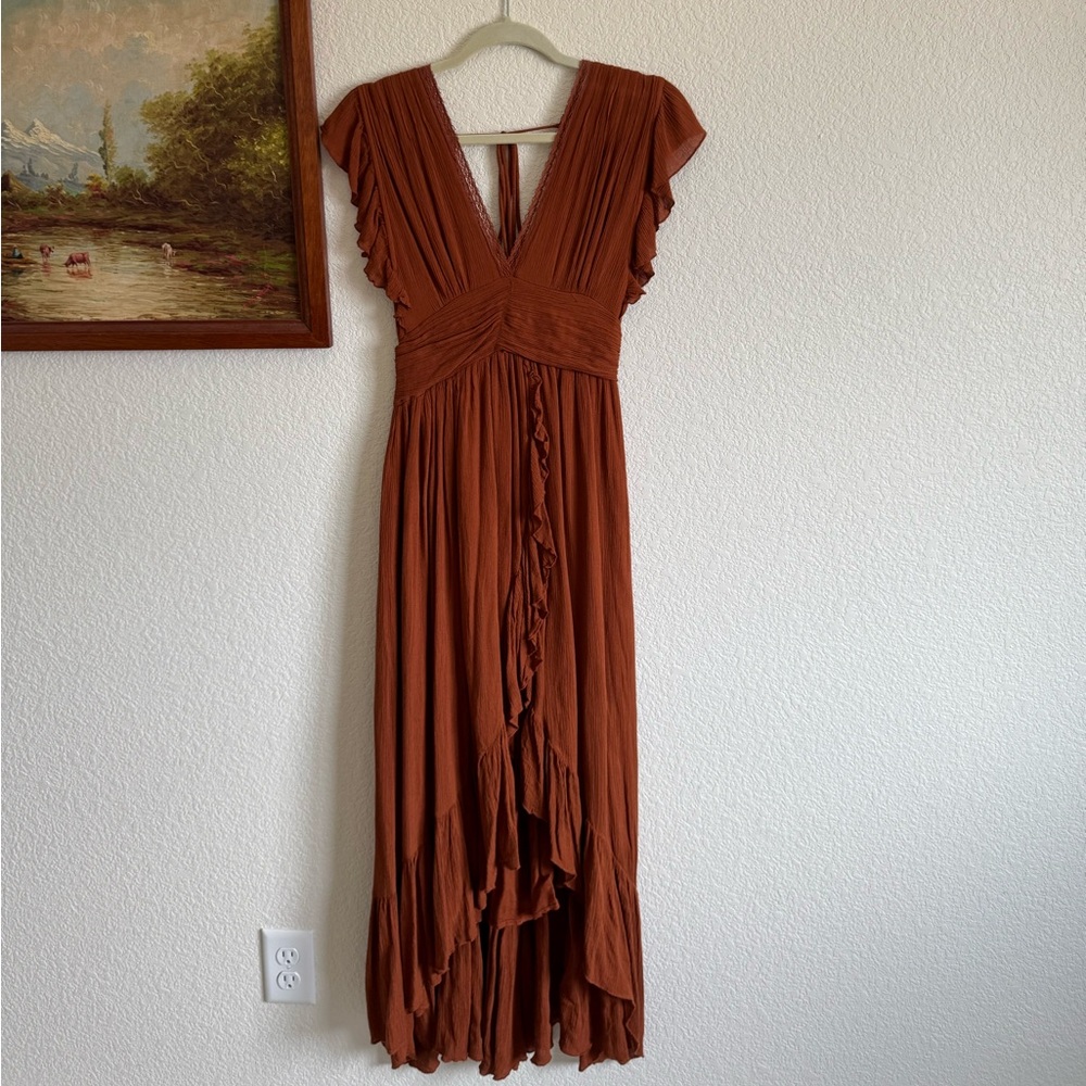 Free People flowy midi dress with ruffle cap sleeves